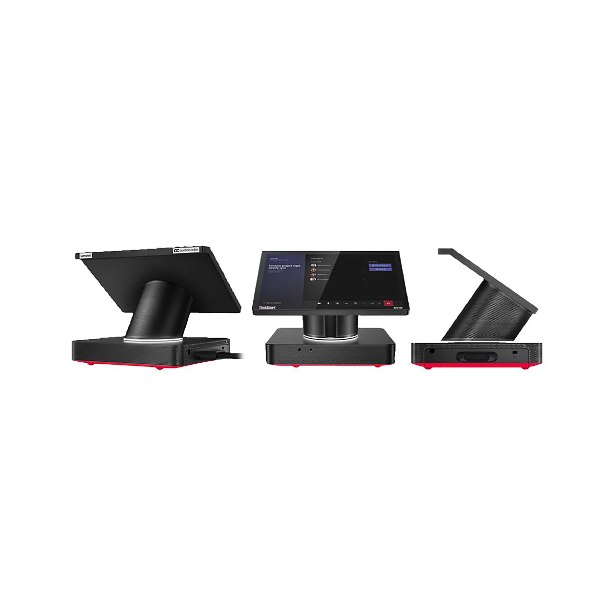 Drei Ansichten eines schwarzen Lenovo ThinkSmart Tischcomputers. Der Bildschirm zeigt eine Teams-Benutzeroberfläche.