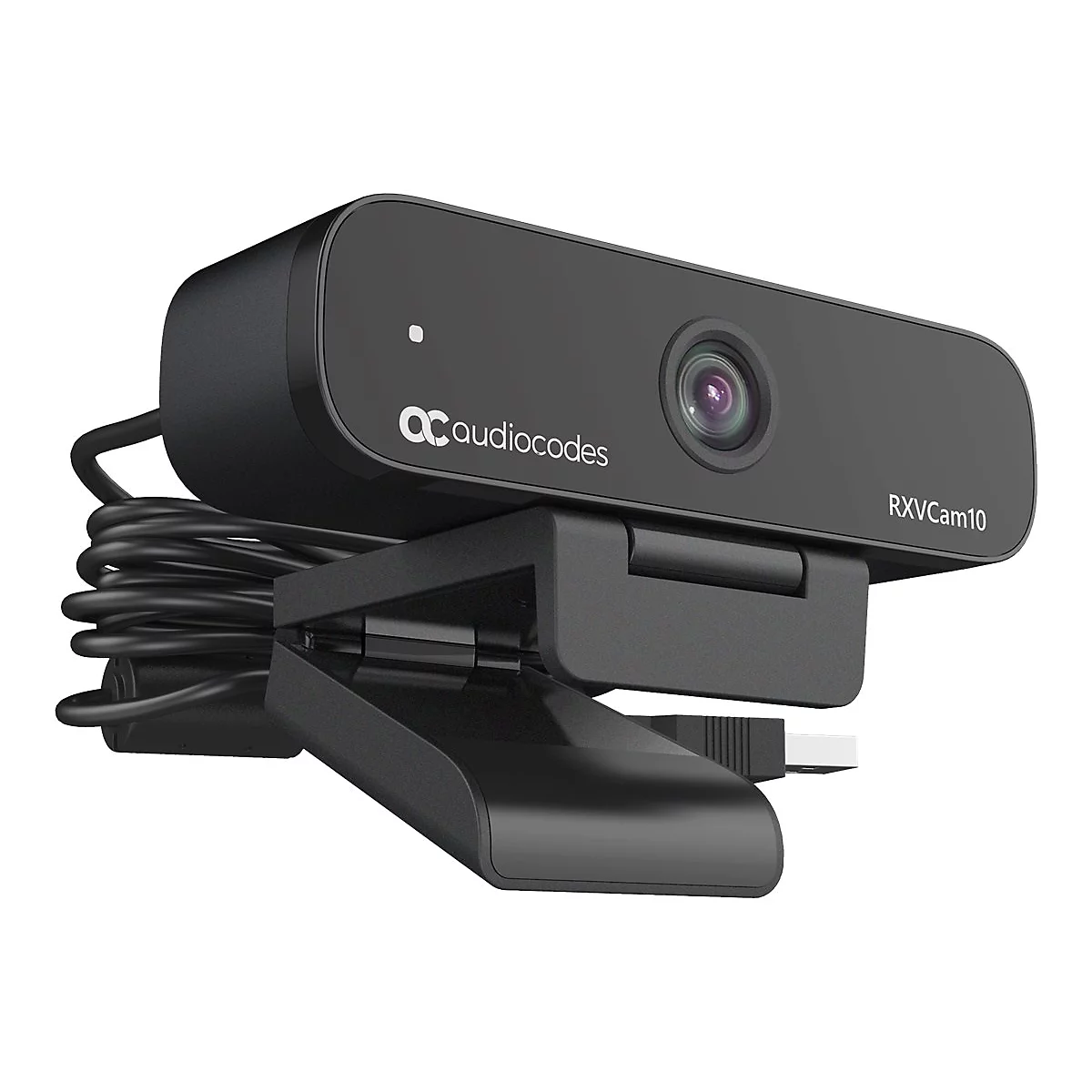 Schwarze Webcam mit 'audiocodes' Logo und 'RXVCam10' Schriftzug. Sie ist auf einem verstellbaren Halter montiert.