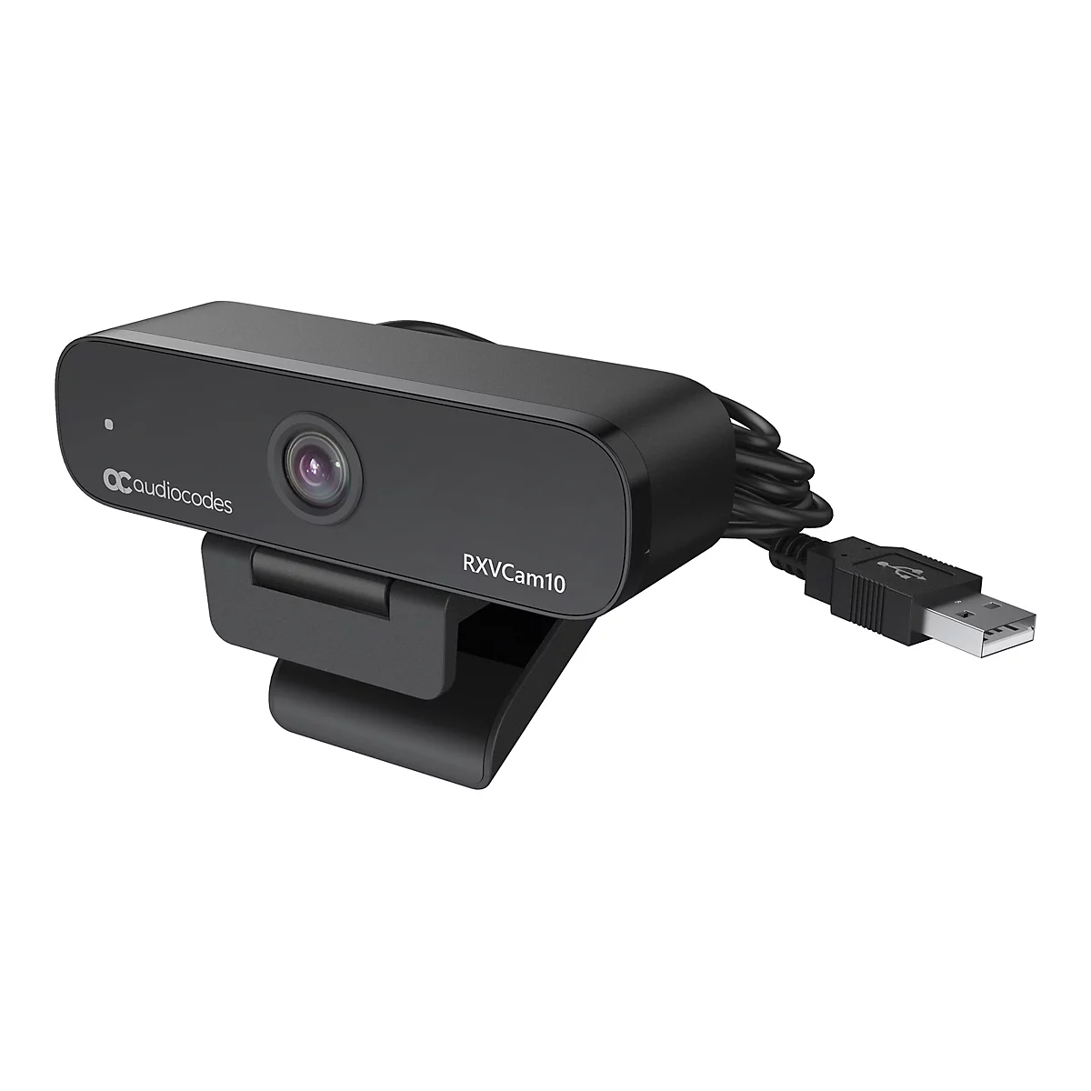 Schwarze Webcam, vorne die Linse, darunter Halterung, verbunden mit USB-Stecker.