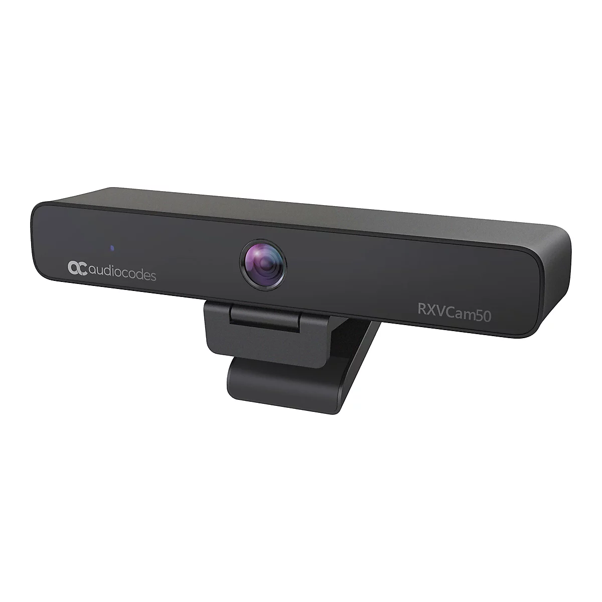 Schwarze RXVCam50 Webcam. Aufschrift "audiocodes" links oben. Linse mittig.
