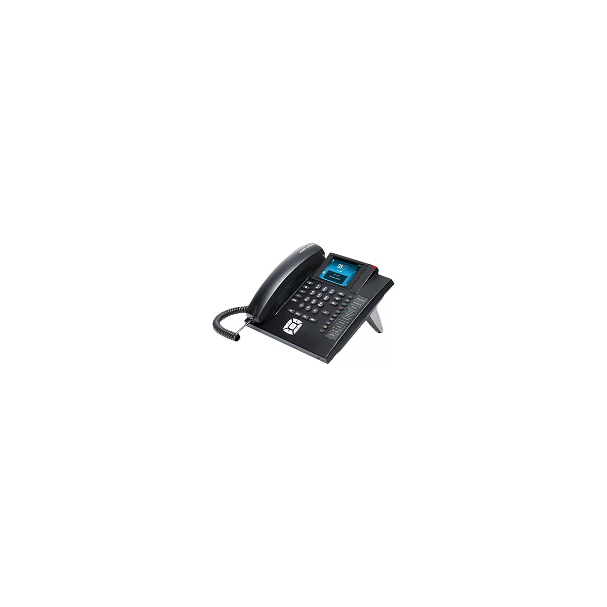 Schwarzes IP-Telefon mit Display, Tastenfeld und Telefonhörer auf hellem Hintergrund.