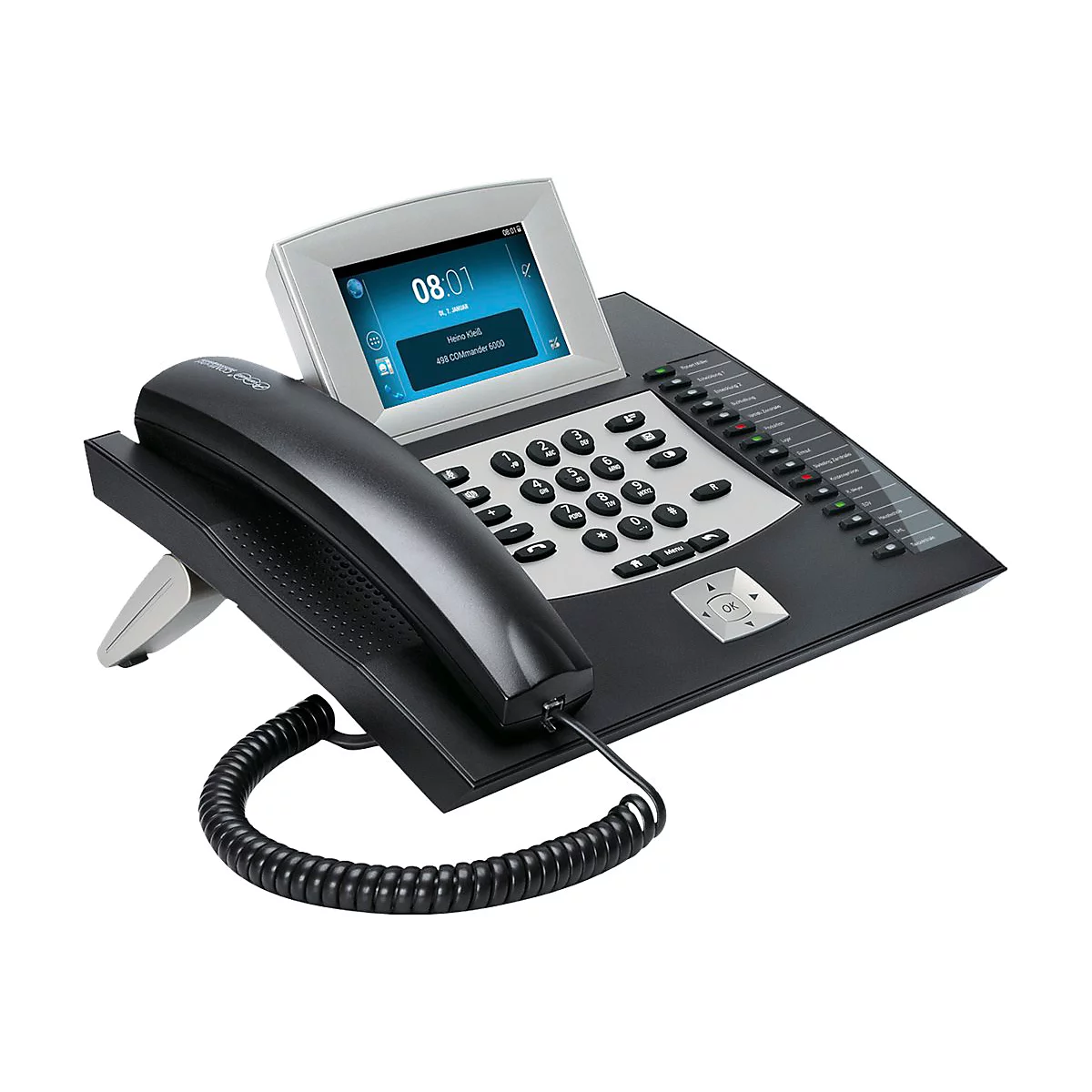 Schwarzes Bürotelefon mit Display, Tastenfeld und Hörer auf weißem Hintergrund.