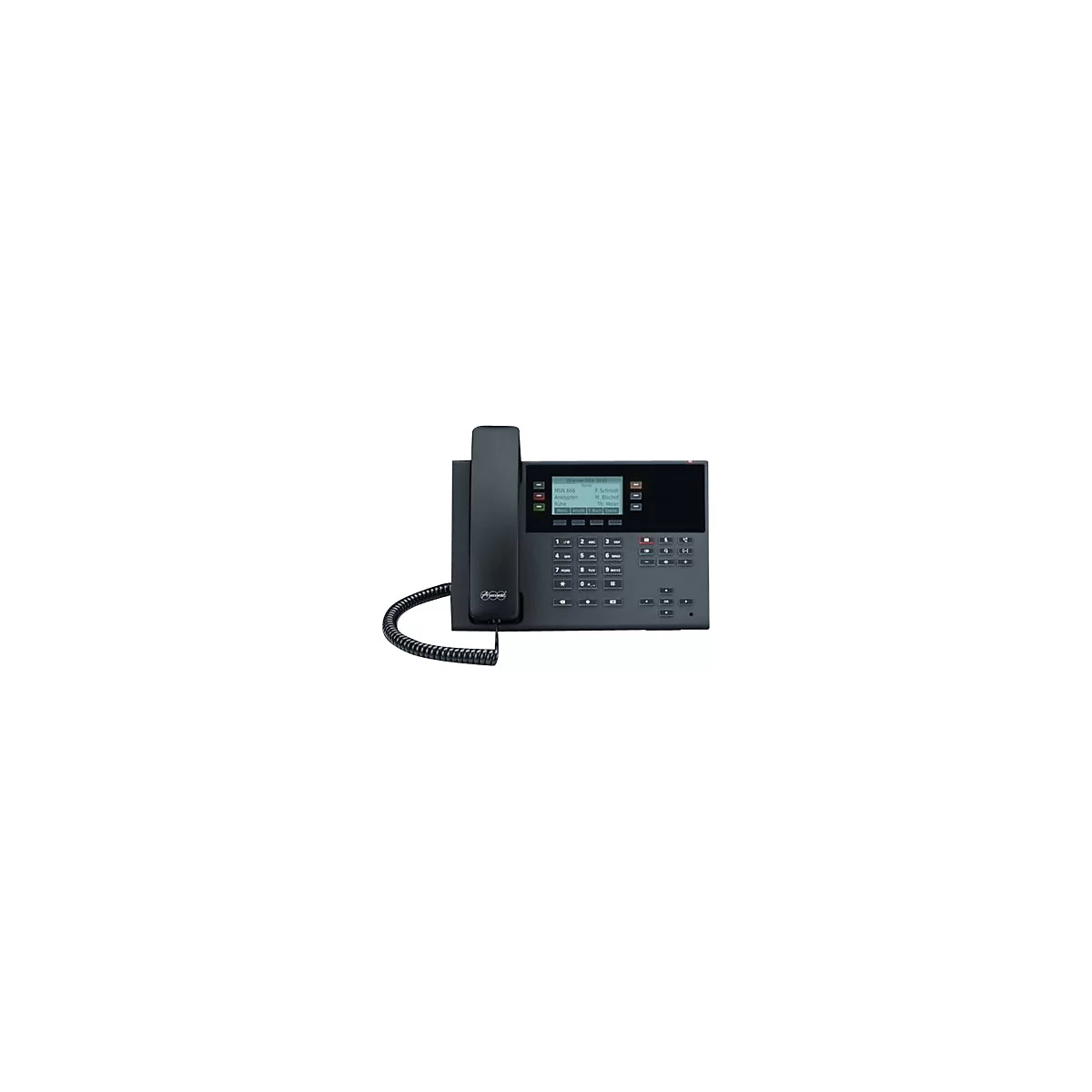Schwarzes AGFEO IP-Tischtelefon mit Display, Ziffernblock und Hörer vor weißem Hintergrund.