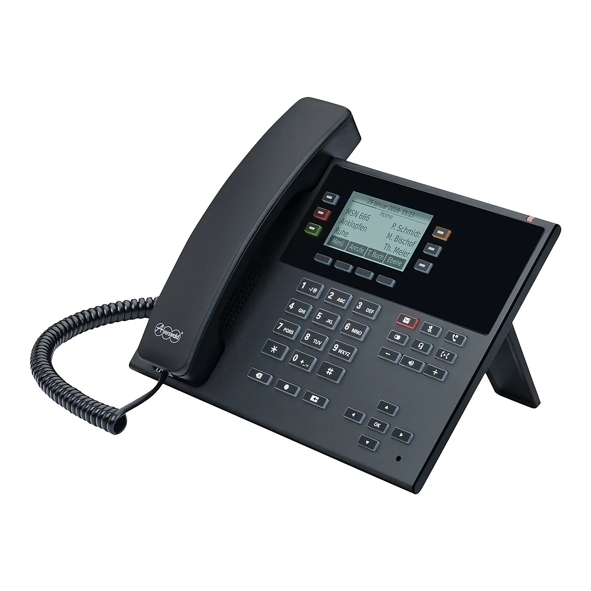 Schwarzes Auerswald Systemtelefon mit Display, Tastenfeld und Hörer auf weißem Hintergrund.