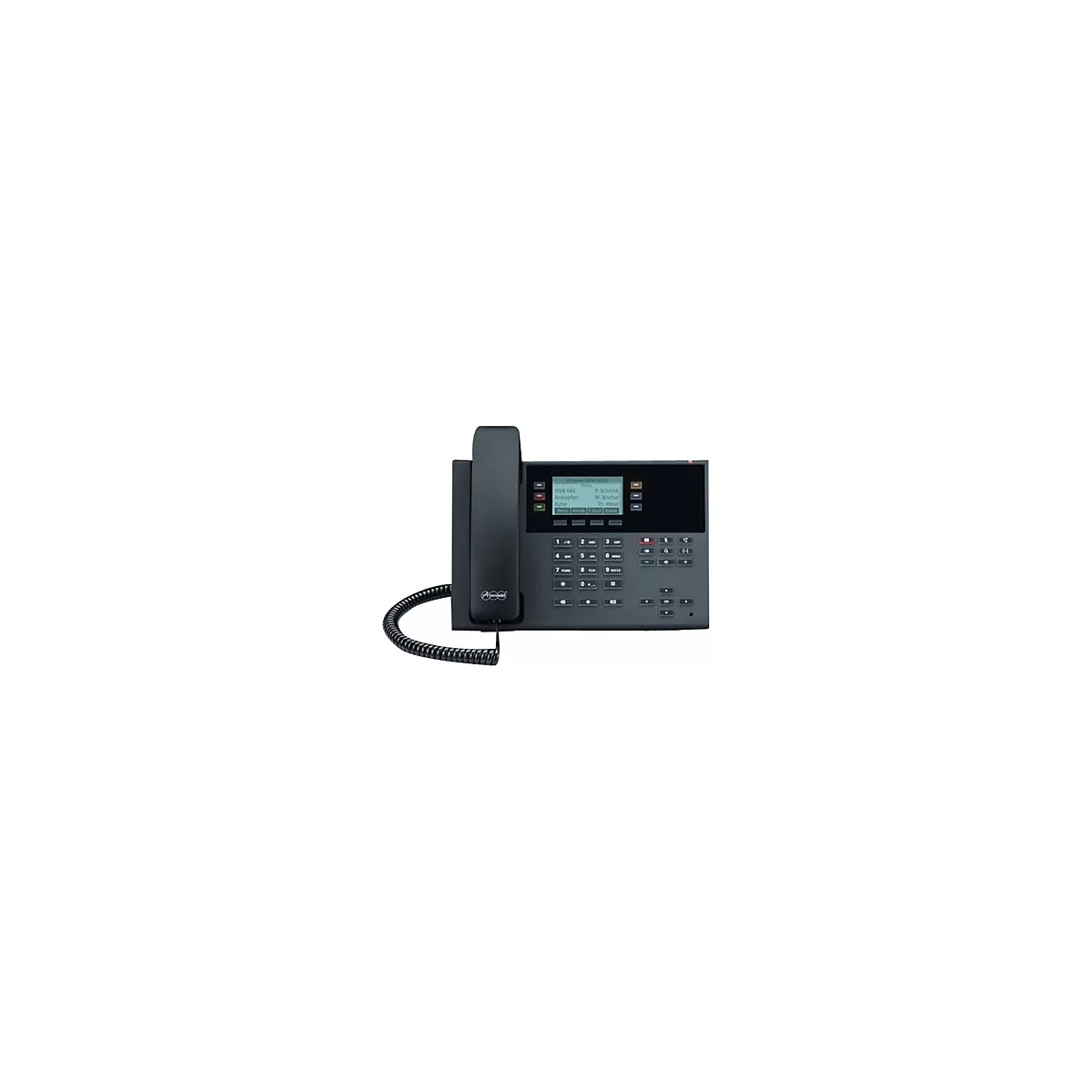 Schwarzes Bürotelefon mit Display und Tastenfeld vor weißem Hintergrund.