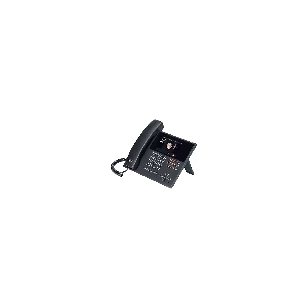 Schwarzes Tischtelefon mit Farbdisplay und Tastatur vor neutralem Hintergrund.
