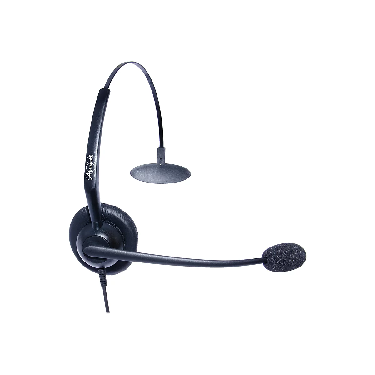 Schwarzes Ein-Ohr-Headset von Auerswald mit gepolstertem Ohrhörer, flexiblem Mikrofonarm und Kopfbügel vor weißem Hintergrund.