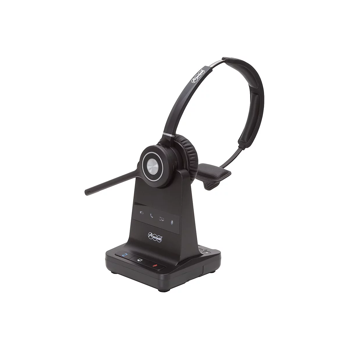 Schwarzes Headset mit Ladestation, Produktabbildung vor weißem Hintergrund.