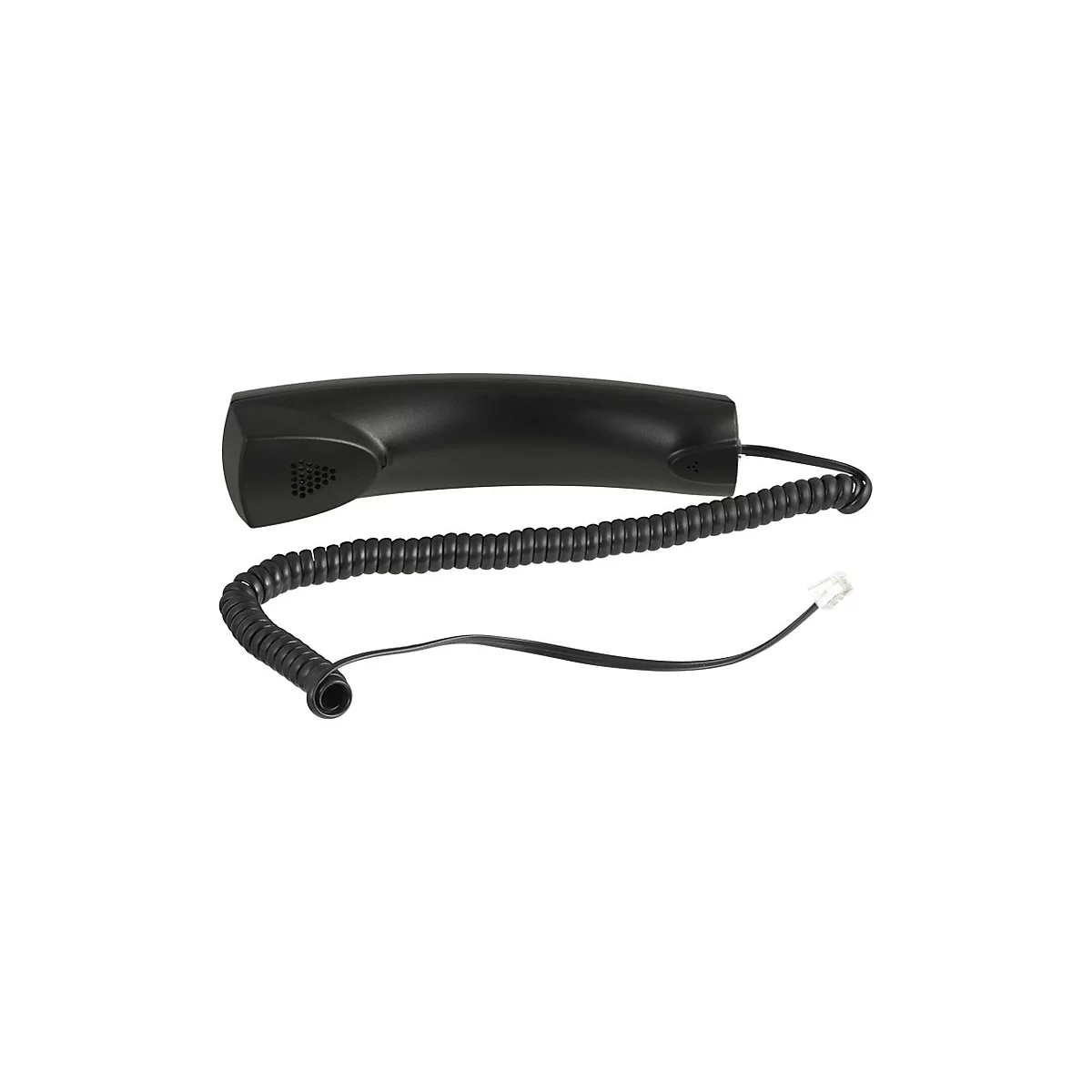 Schwarzer Telefonhörer mit Spiralkabel und Stecker vor weißem Hintergrund.