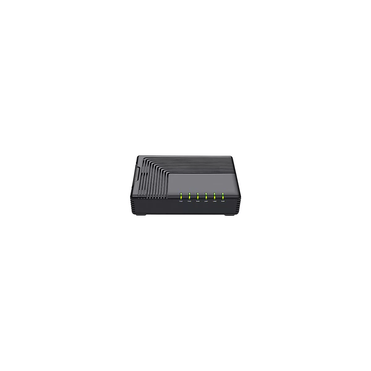 Schwarzer Netzwerk-Router mit geripptem Gehäuse und sechs leuchtend grünen Status-LEDs auf der Vorderseite.