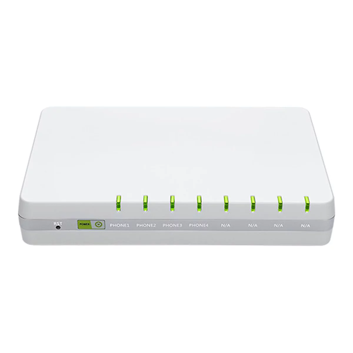 Weißes VoIP-Gateway mit acht grün leuchtenden Status-LEDs und Beschriftungen für Telefonanschlüsse.