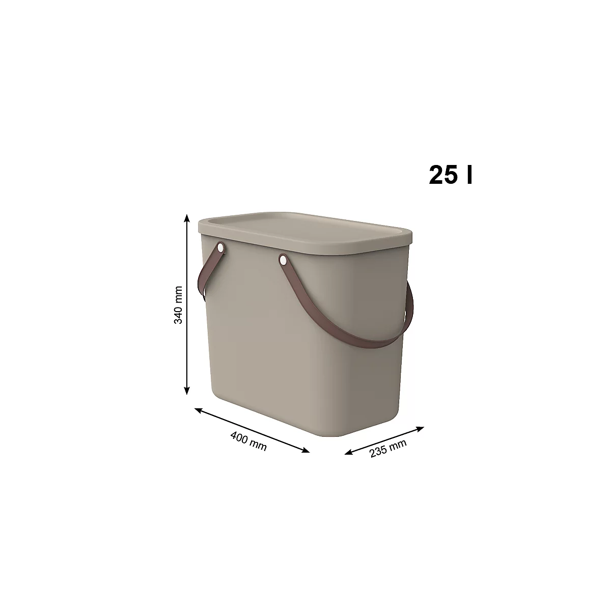 Aufbewahrungsbox ALBULA, mit Deckel, 25 Liter, Bügelgriff, stapelbar, aus recyceltem Kunststoff, B 400 x T 235 x H 340 mm, braun