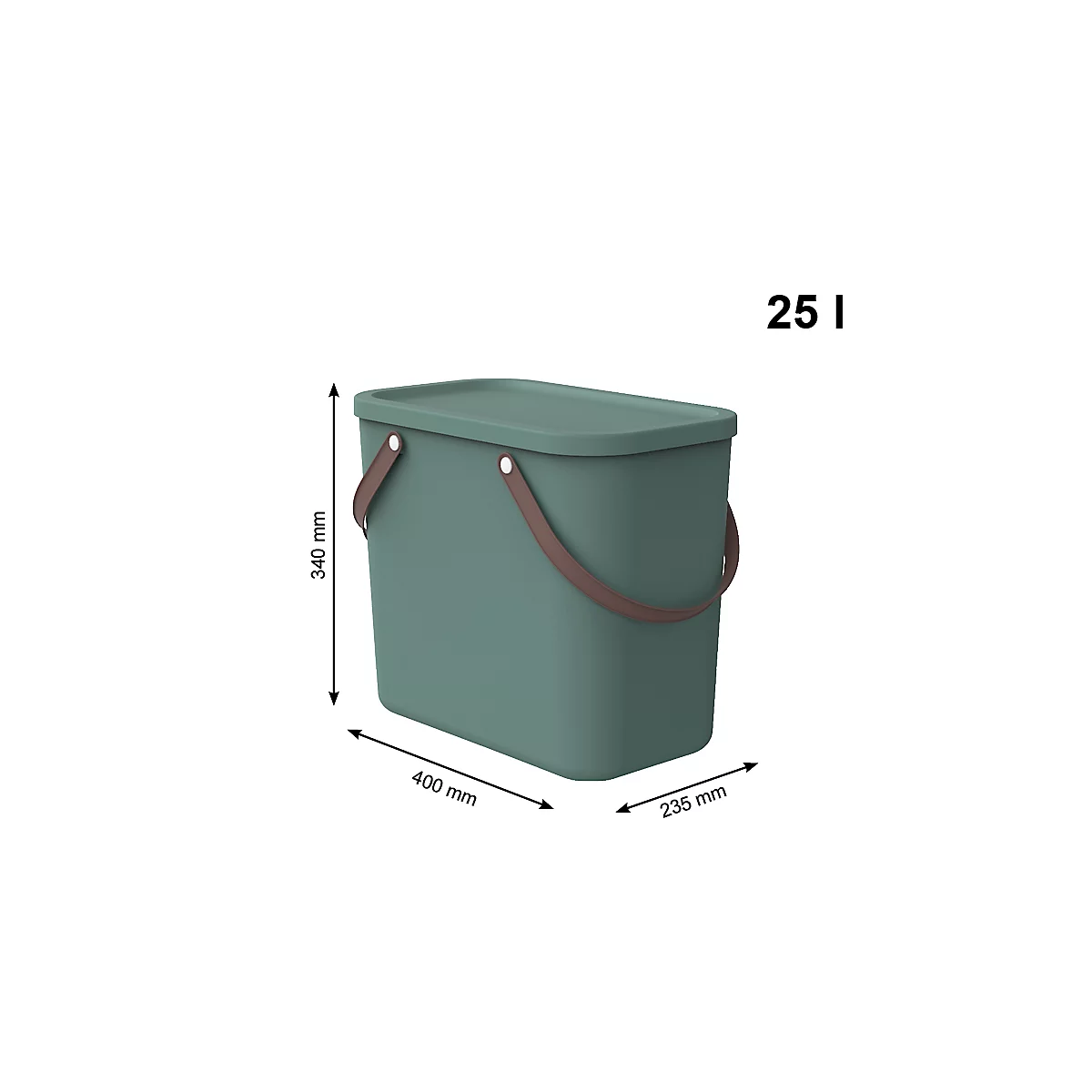 Aufbewahrungsbox ALBULA, mit Deckel, 25 Liter, Bügelgriff, stapelbar, aus recyceltem Kunststoff, B 400 x T 235 x H 340 mm, grün