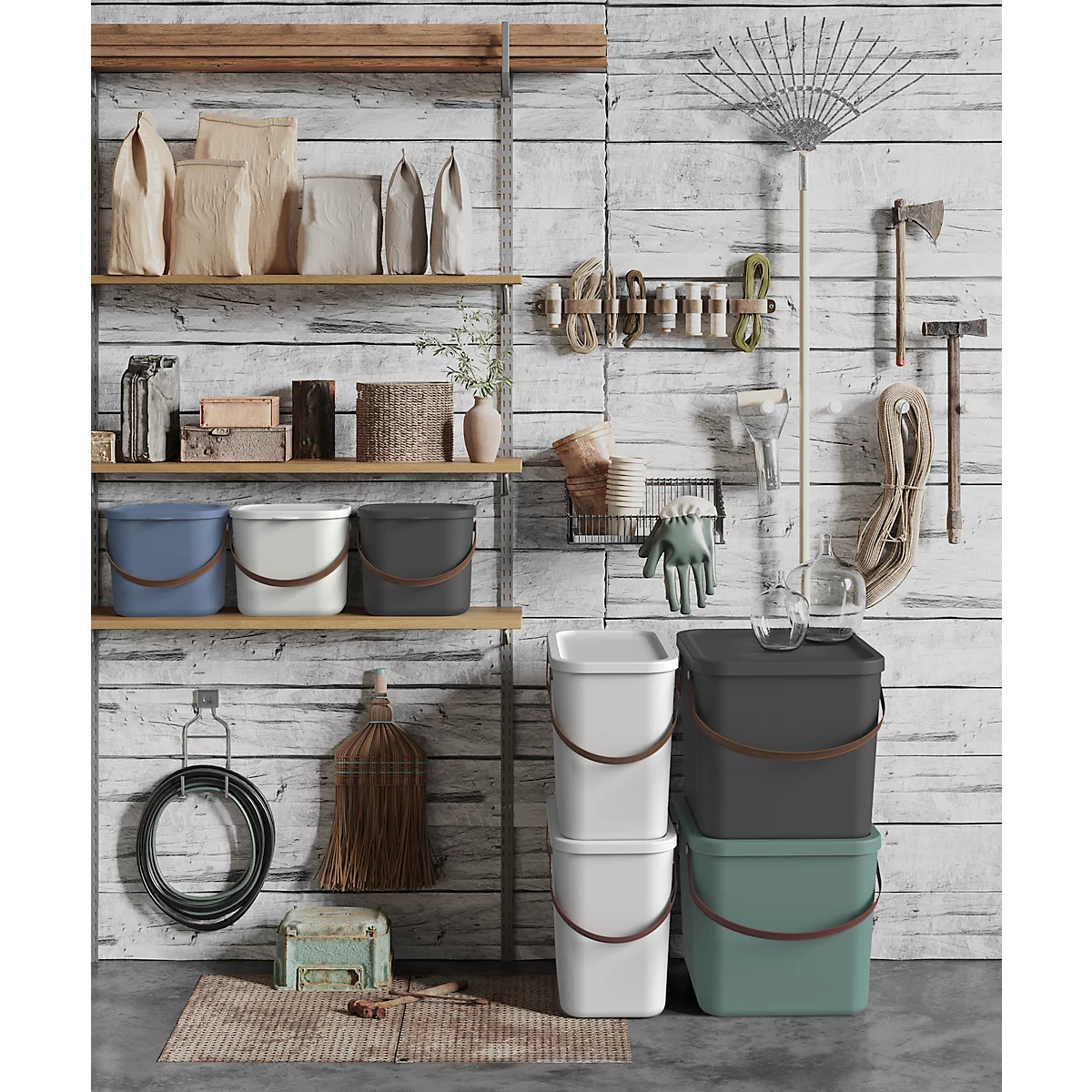 Aufbewahrungsbox ALBULA, mit Deckel, 6 Liter, Bügelgriff, stapelbar, aus recyceltem Kunststoff, B 235 x T 200 x H 208 mm, weiss