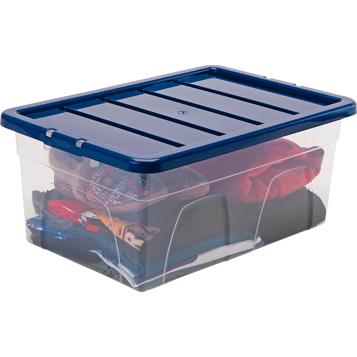 Transparente Aufbewahrungsbox mit blauem Deckel, gefüllt mit Kleidung.