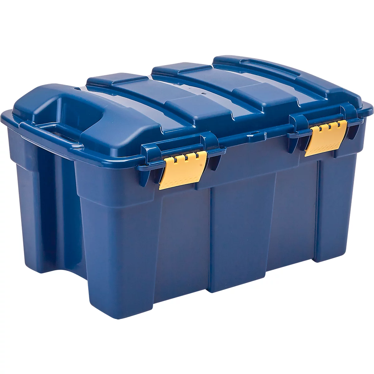 Blaue Kunststoffbox mit gelben Verschlüssen. Deckel mit Rippenstruktur und Griff. Perfekt für Lagerung und Transport.
