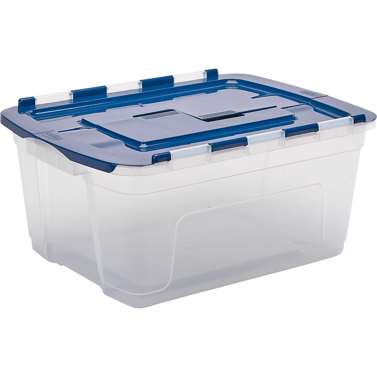 Durchsichtige Kunststoffbox mit blauem Deckel. Der Deckel hat zwei Schnallen und einen Griff.