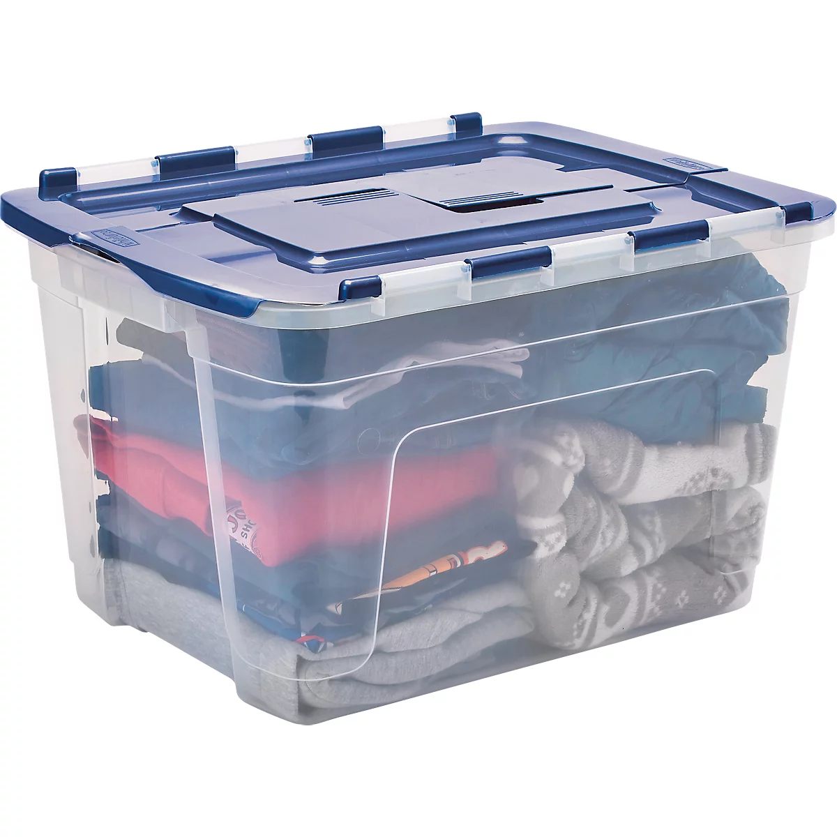 Transparente Aufbewahrungsbox mit blauem Deckel, gefüllt mit gefalteten Kleidungsstücken.
