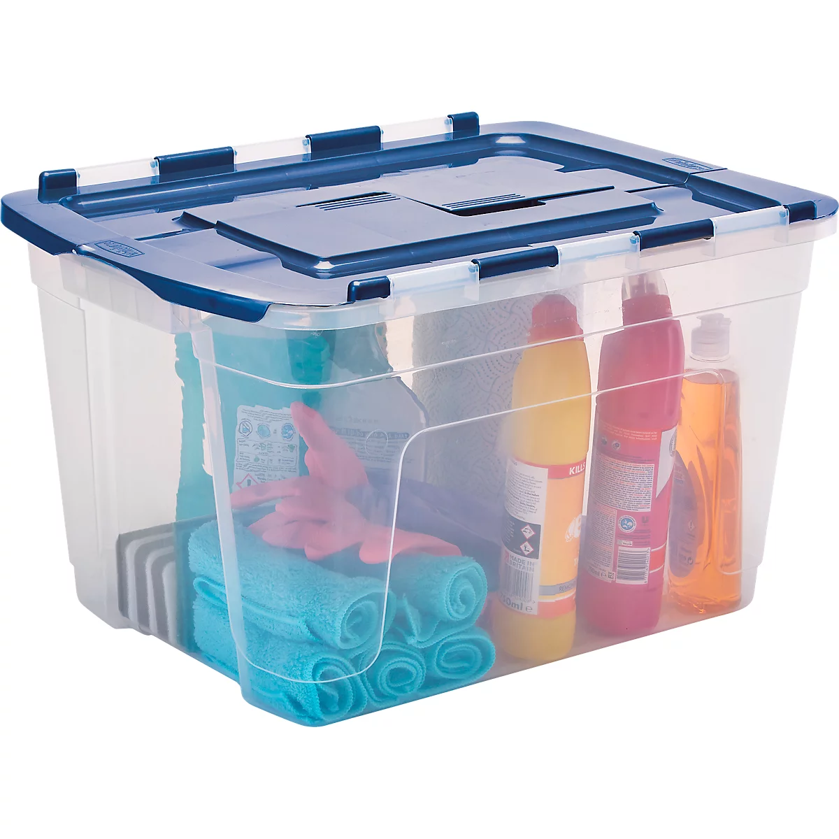Transparente Aufbewahrungsbox mit blauem Deckel, gefüllt mit Reinigungsmitteln, Tüchern und Handschuhen.