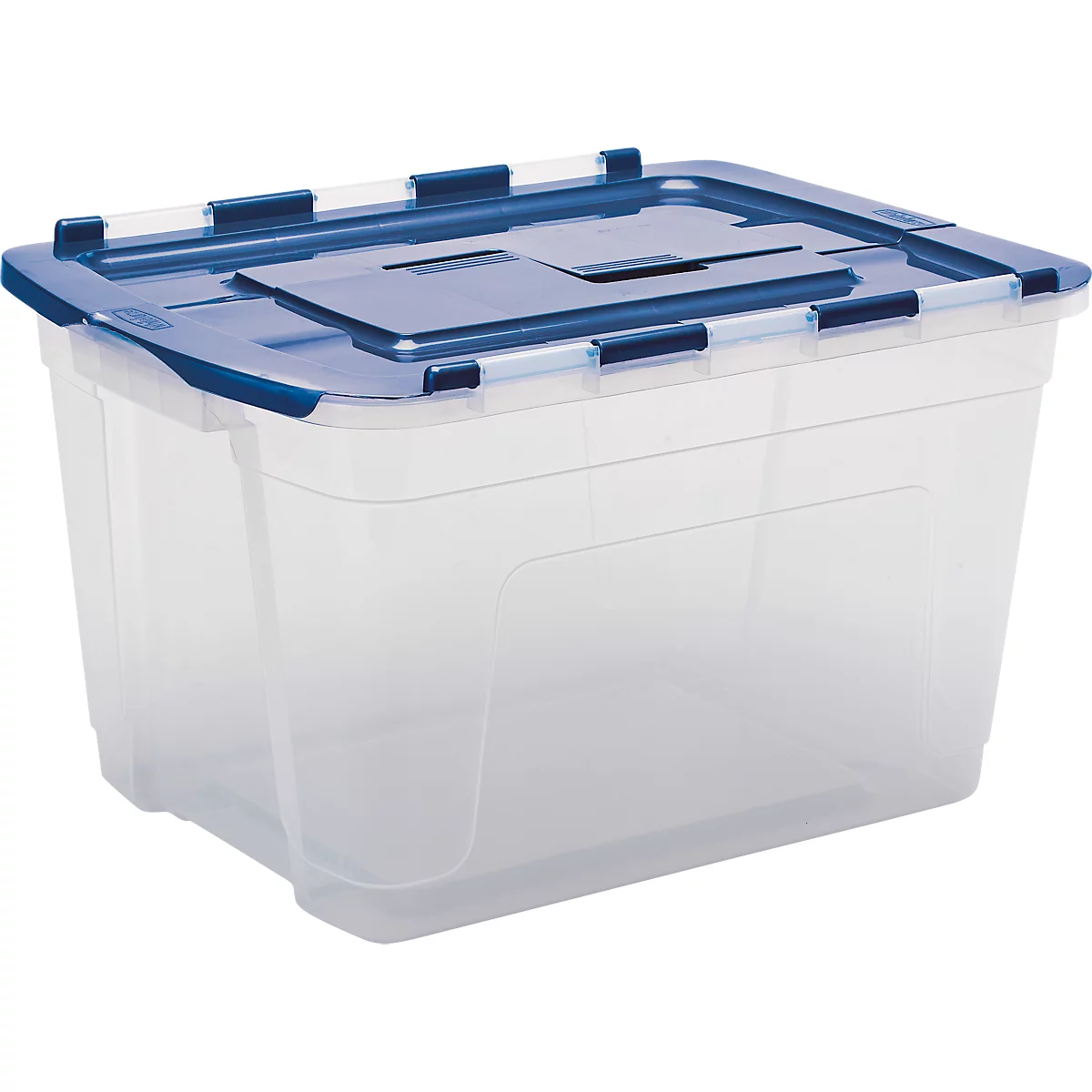 Transparente Kunststoffbox mit blauem Deckel und Verschlüssen.