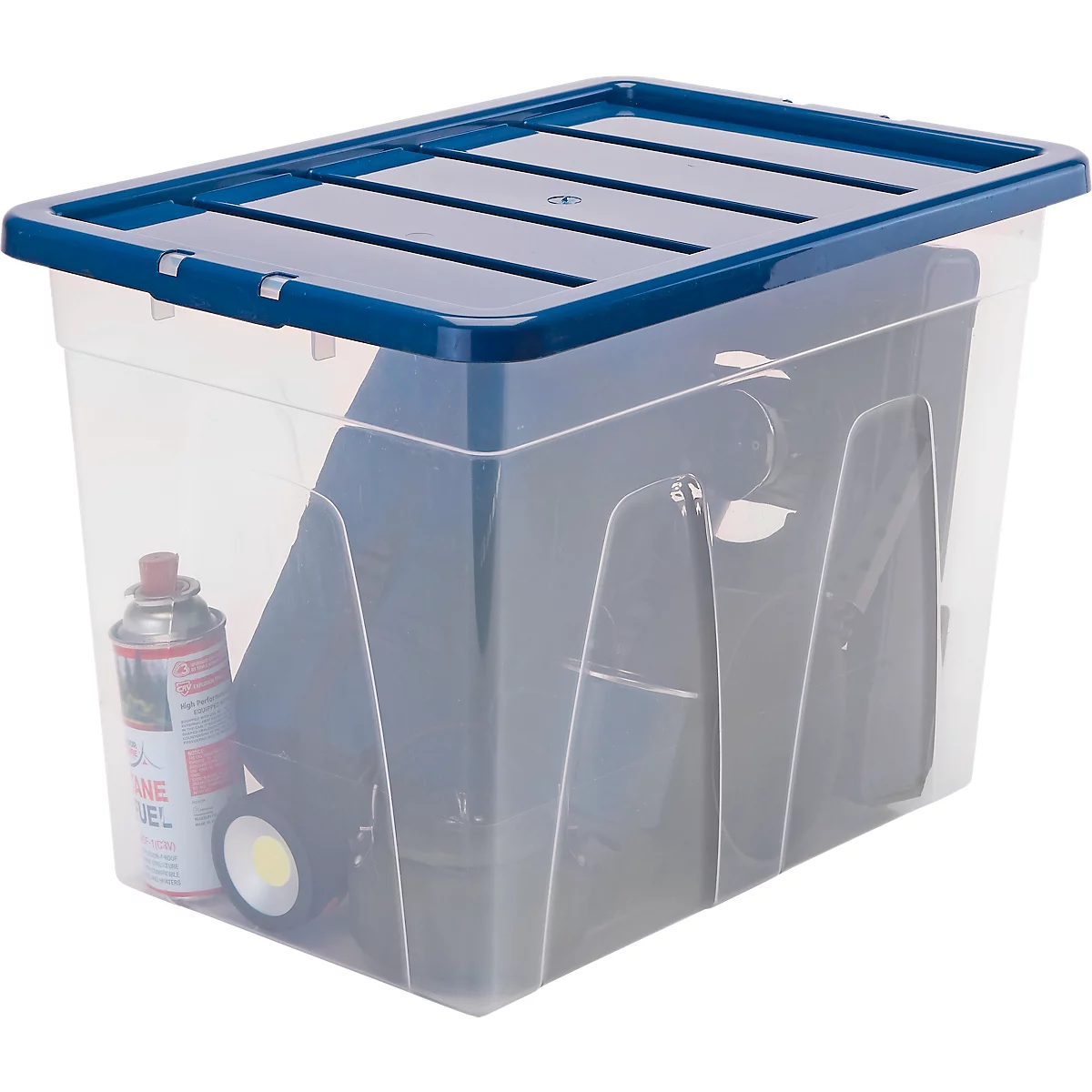 Transparente Aufbewahrungsbox mit blauem Deckel. Inhalt: Sprühdose, Reifen, Koffer.