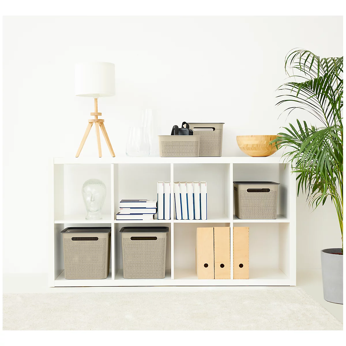 Aufbewahrungsbox Rotho BRISEN, Volumen 16 l, Lochstruktur, stapelbar, ohne Deckel, L 360 x B 262 x H 211 mm, Recycling-PP, cappuccino
