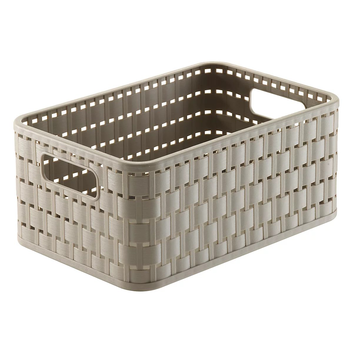 Rechteckiger, geflochtener Korb in hellem Beige mit Griffen.
