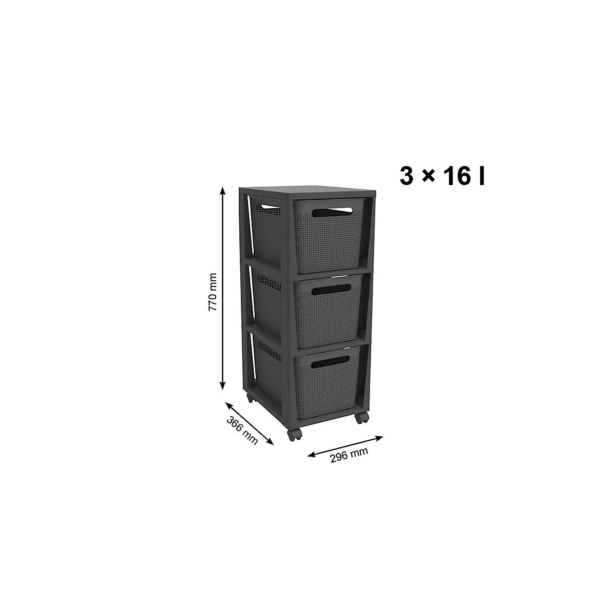 Aufbewahrungsturm BRISEN, mit Rollen, 3 x 16 Liter, bis 30 kg, beidseitig entnehmbare Schubladen, Recyclingkunststoff, BPA-frei, L 300 x B 366 x H 770 mm, anthrazit