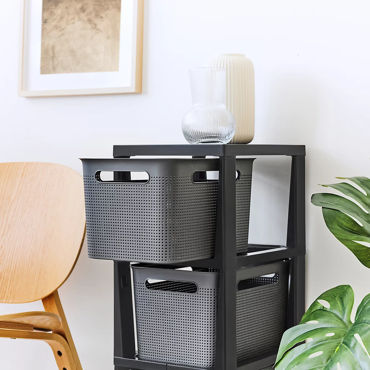 Aufbewahrungsturm BRISEN, mit Rollen, 3 x 16 Liter, bis 30 kg, beidseitig entnehmbare Schubladen, Recyclingkunststoff, BPA-frei, L 300 x B 366 x H 770 mm, anthrazit