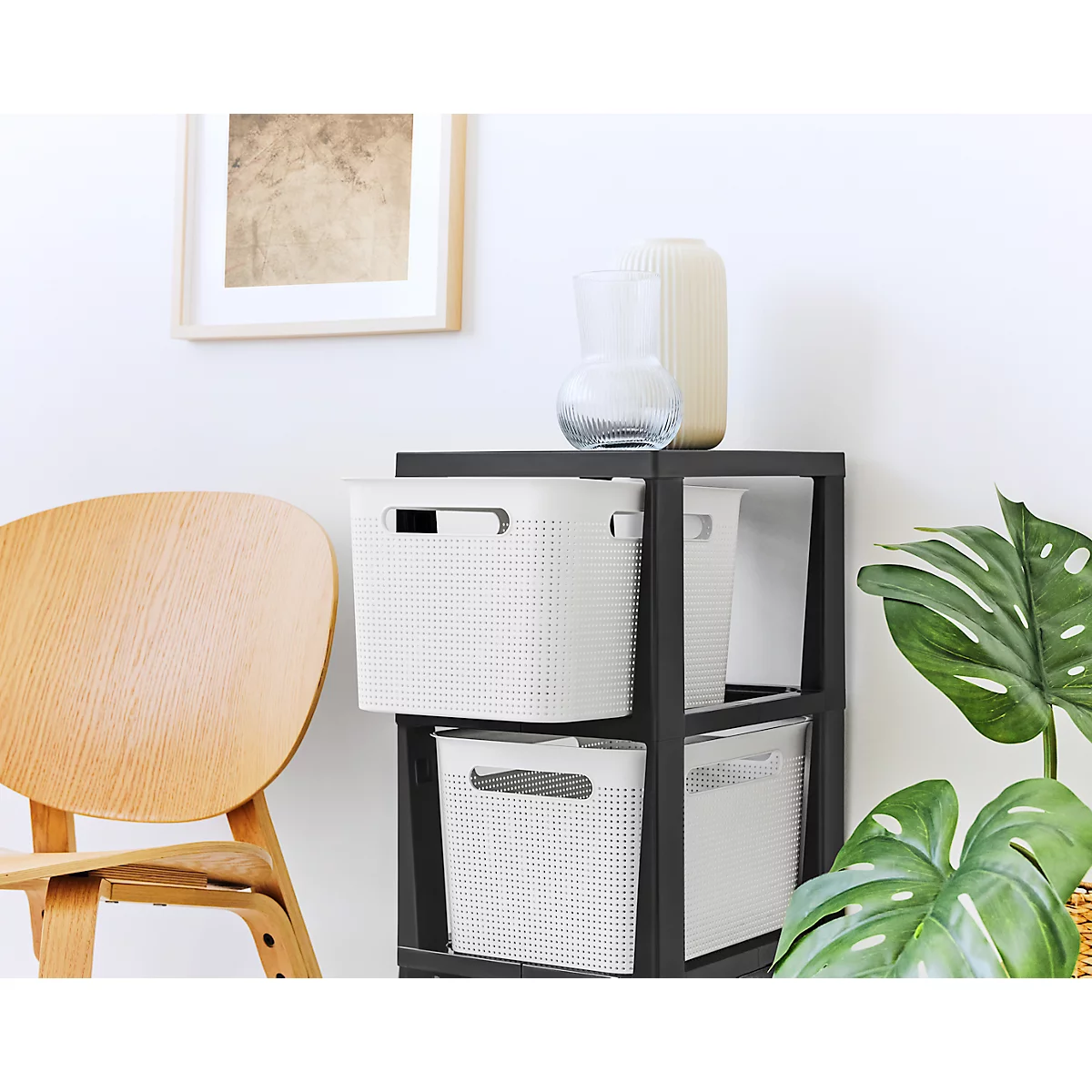 Aufbewahrungsturm BRISEN, mit Rollen, 3 x 16 Liter, bis 30 kg, beidseitig entnehmbare Schubladen, Recyclingkunststoff, BPA-frei, L 300 x B 366 x H 770 mm, weiss
