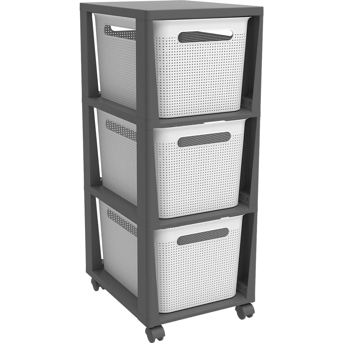 Aufbewahrungsturm BRISEN, mit Rollen, 3 x 16 Liter, bis 30 kg, beidseitig entnehmbare Schubladen, Recyclingkunststoff, BPA-frei, L 300 x B 366 x H 770 mm, weiss