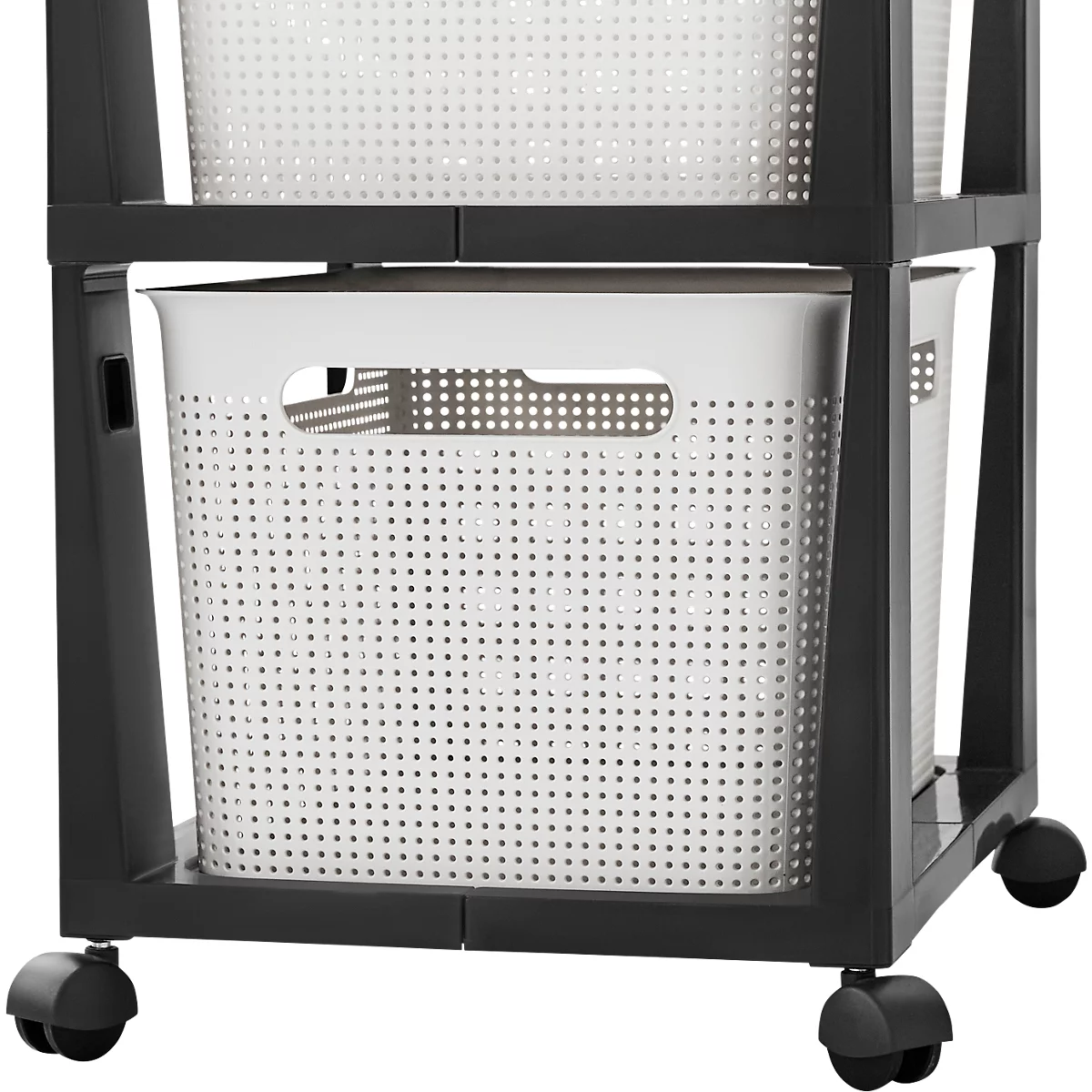 Aufbewahrungsturm BRISEN, mit Rollen, 3 x 16 Liter, bis 30 kg, beidseitig entnehmbare Schubladen, Recyclingkunststoff, BPA-frei, L 300 x B 366 x H 770 mm, weiss
