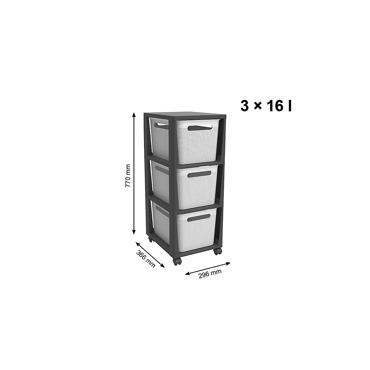 Aufbewahrungsturm BRISEN, mit Rollen, 3 x 16 Liter, bis 30 kg, beidseitig entnehmbare Schubladen, Recyclingkunststoff, BPA-frei, L 300 x B 366 x H 770 mm, weiss