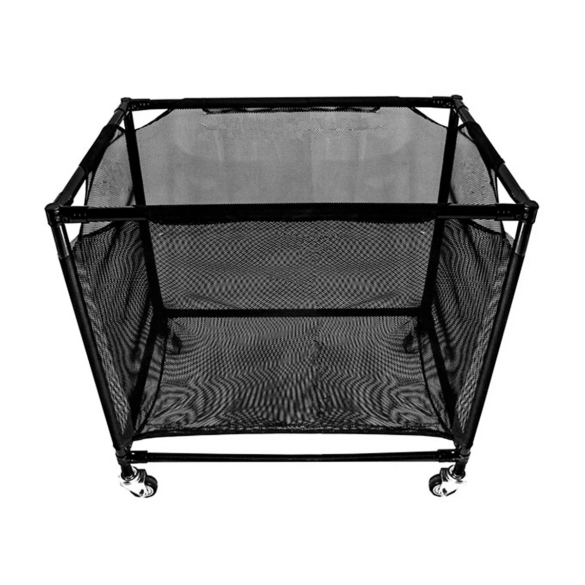 Schwarzer Wäschekorb aus Mesh-Gewebe auf Rollen, Draufsicht.