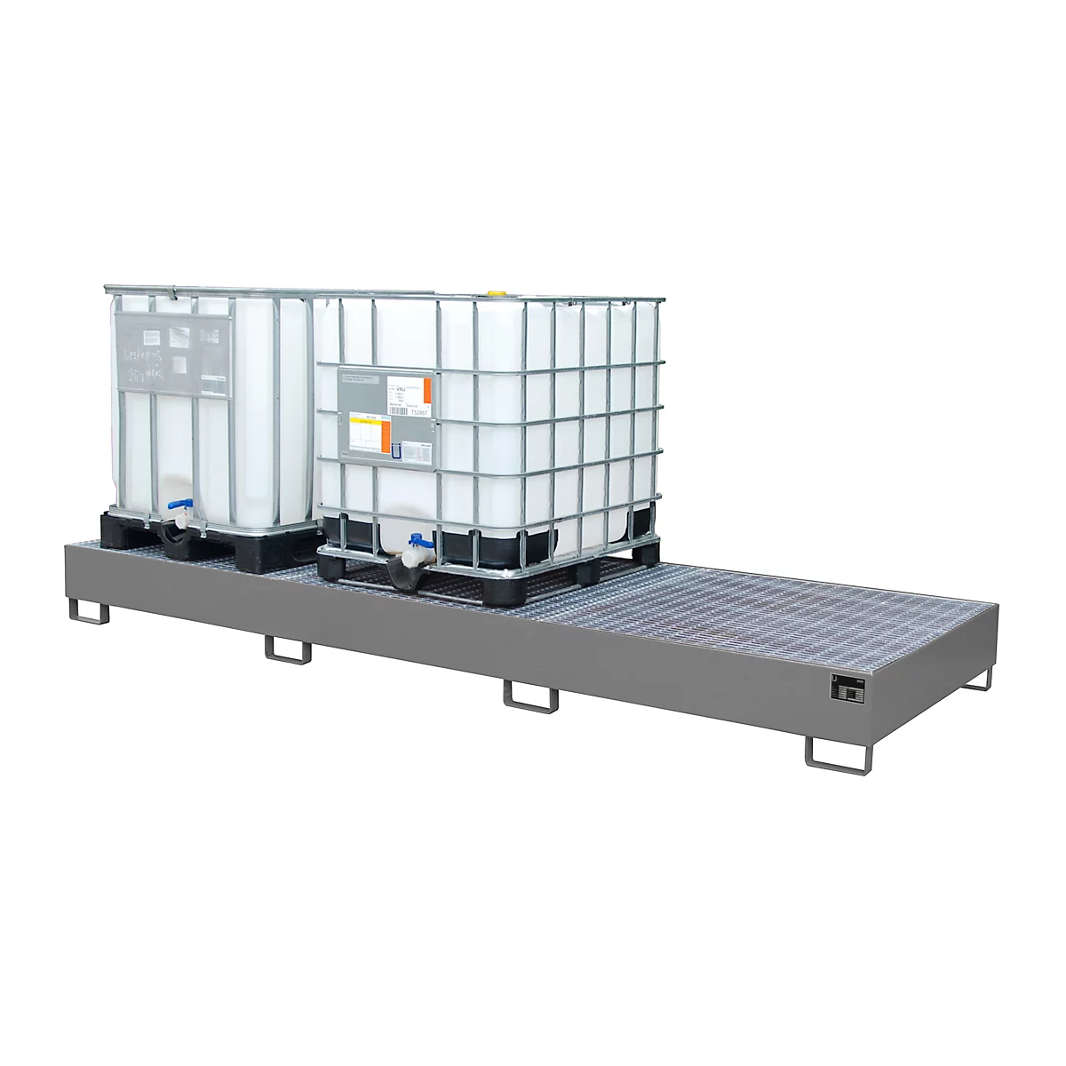 Auffangwanne AW 1000-3, für 3 IBC-Container à 1000 l oder 10 Fässer à 200 l, L 3850 x B 1300 x H 340 mm, unterfahrbar, mausgrau