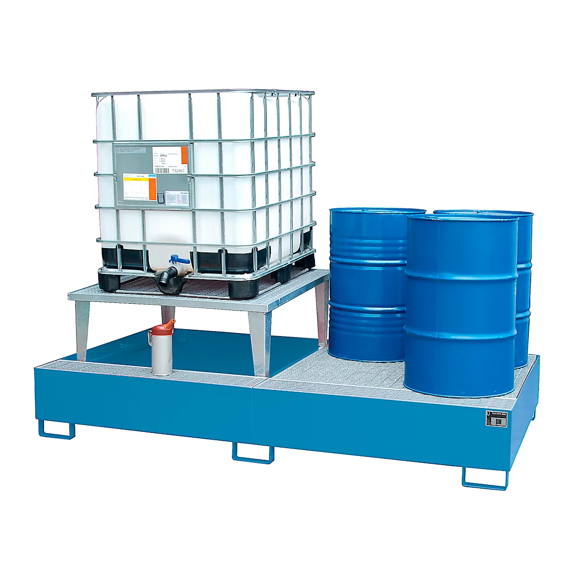 Auffangwanne Bauer AWA 21, Stahl, blau, L 2650 x B 1460 x H 863 mm, 1000 l, für 2 x 1000 l IBC, 1 Abfüllaufsatz, 1 Gitterost