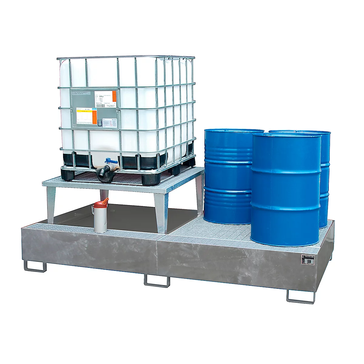 Auffangwanne Bauer AWA 21, Stahl, feuerverzinkt, L 2650 x B 1460 x H 863 mm, 1000 l, für 2 x 1000 l IBC, 1 Abfüllaufsatz, 1 Gitterost