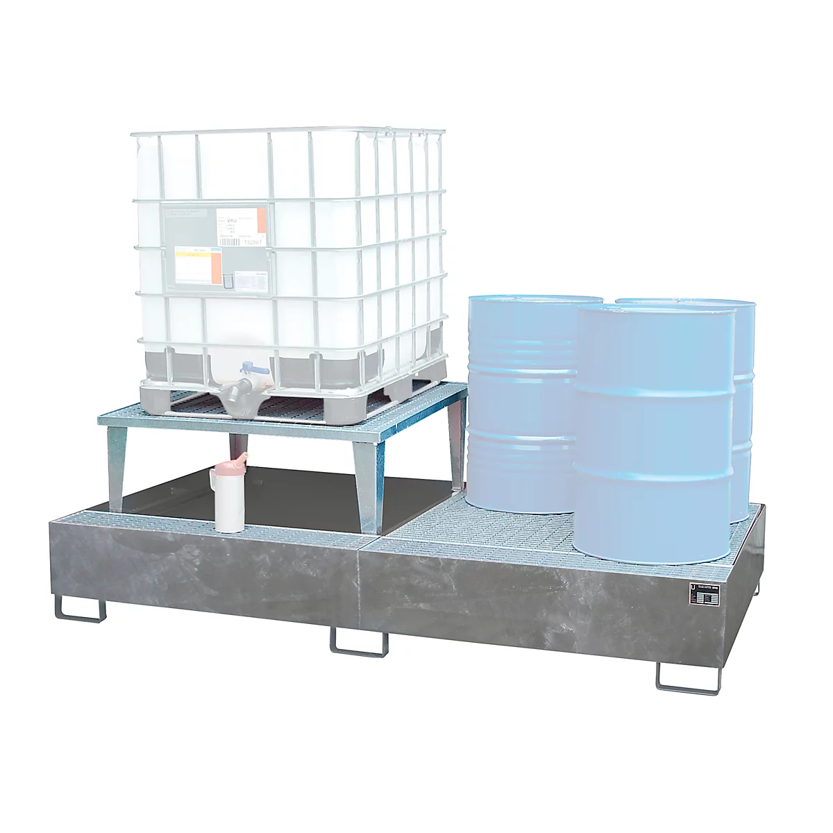 Auffangwanne Bauer AWA 21, Stahl, feuerverzinkt, L 2650 x B 1460 x H 863 mm, 1000 l, für 2 x 1000 l IBC, 1 Abfüllaufsatz, 1 Gitterost
