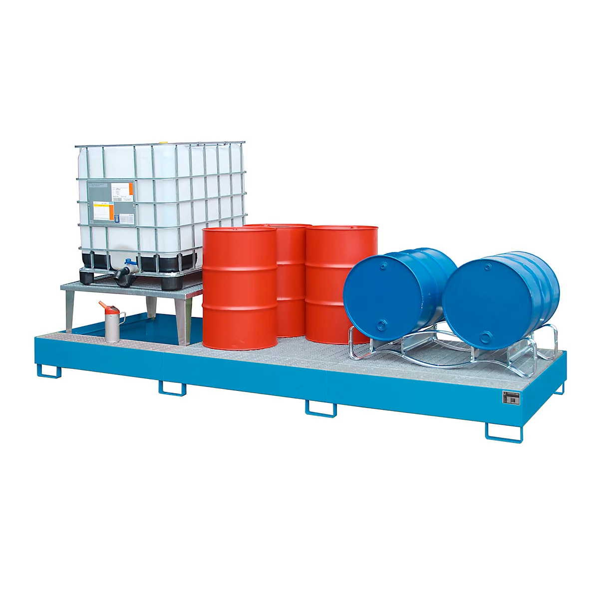 Auffangwanne Bauer AWA 31, Stahl, blau, L 3850 x B 1460 x H 780 mm, 1000 l, für 3 x 1000 l IBC, 1 Abfüllaufsatz, 2 Gitteroste