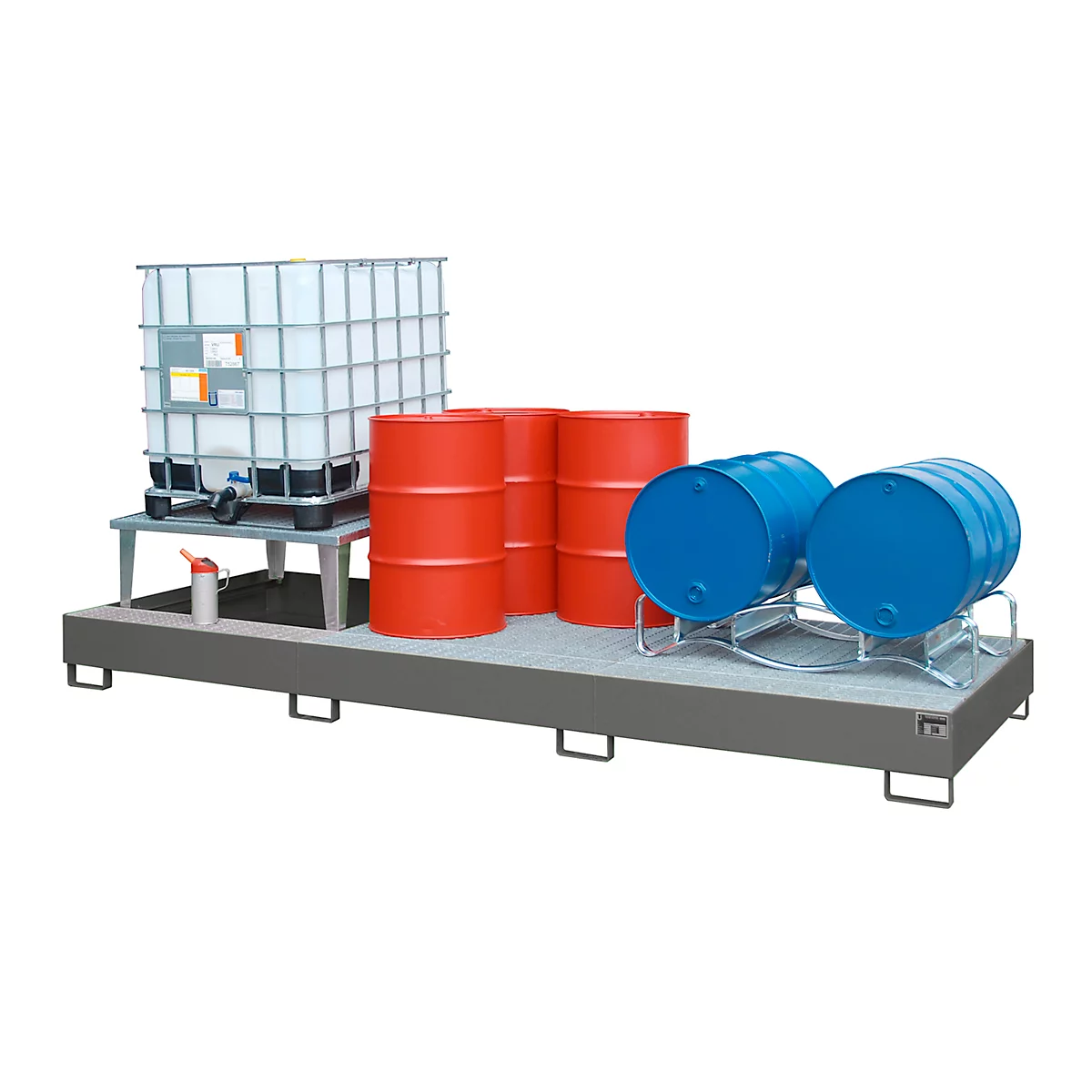 Auffangwanne Bauer AWA 31, Stahl, grau, L 3850 x B 1460 x H 780 mm, 1000 l, für 3 x 1000 l IBC, 1 Abfüllaufsatz, 2 Gitteroste