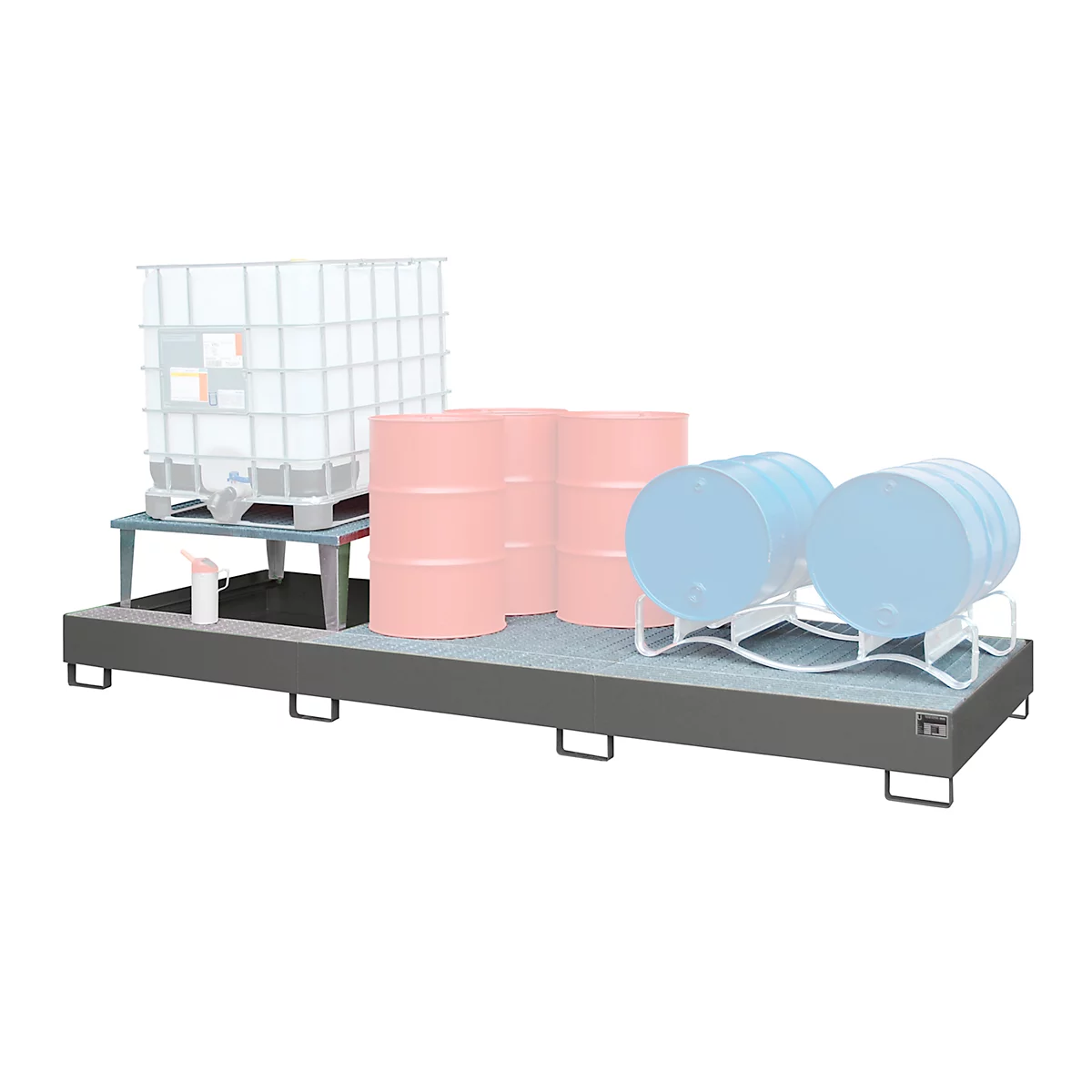 Auffangwanne Bauer AWA 31, Stahl, grau, L 3850 x B 1460 x H 780 mm, 1000 l, für 3 x 1000 l IBC, 1 Abfüllaufsatz, 2 Gitteroste