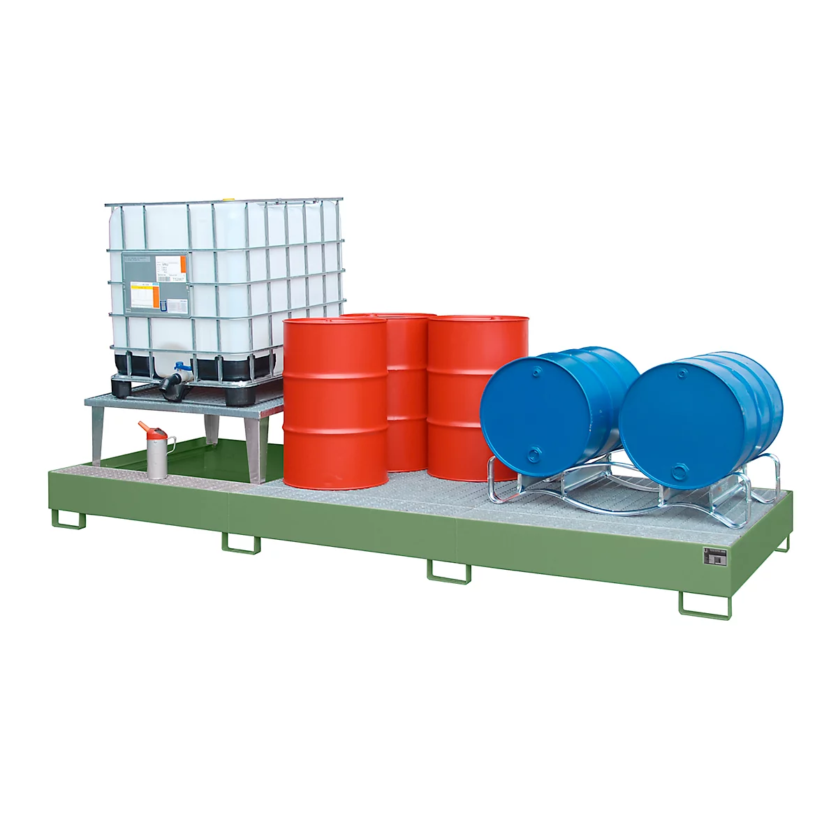 Auffangwanne Bauer AWA 31, Stahl, grün, L 3850 x B 1460 x H 780 mm, 1000 l, für 3 x 1000 l IBC, 1 Abfüllaufsatz, 2 Gitteroste