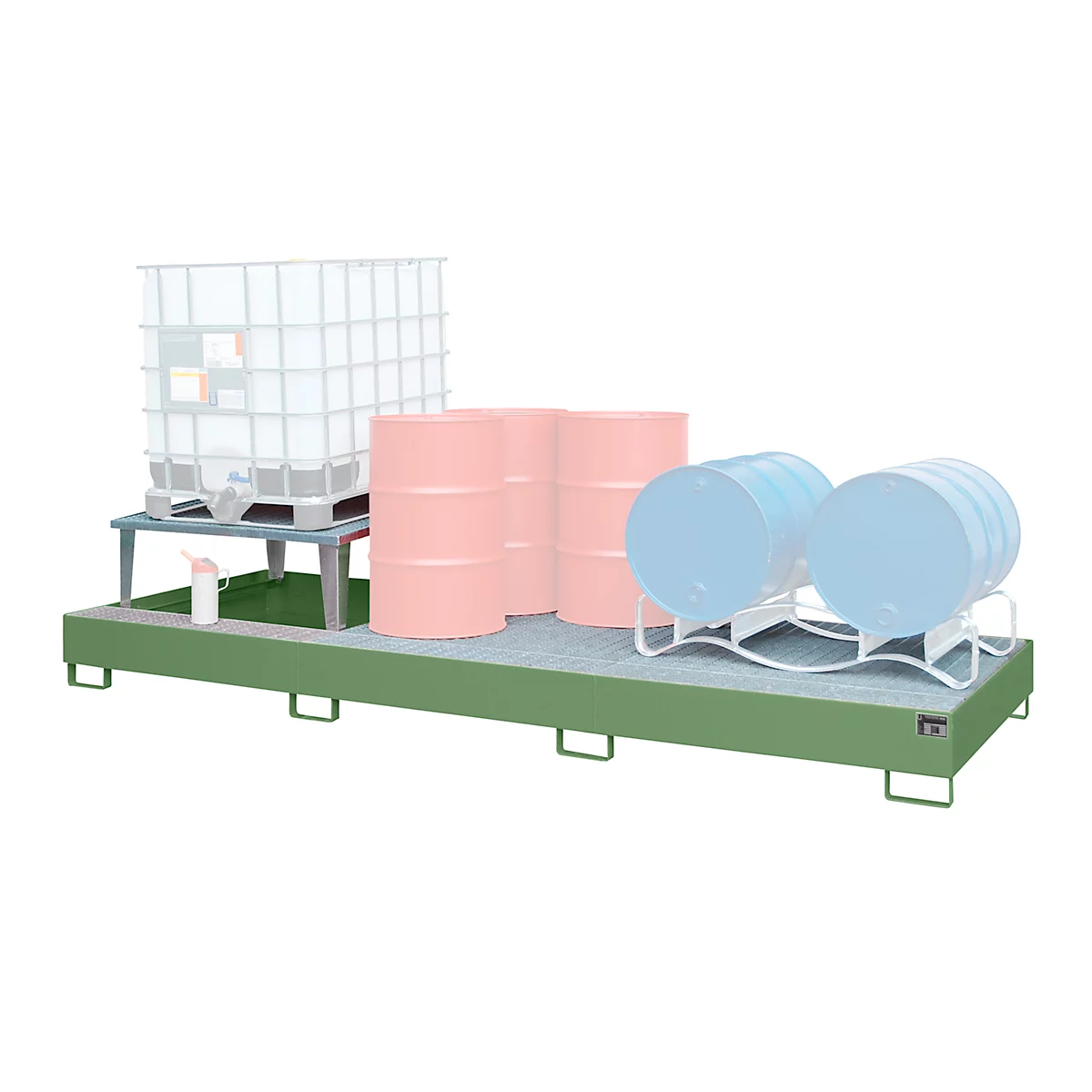 Auffangwanne Bauer AWA 31, Stahl, grün, L 3850 x B 1460 x H 780 mm, 1000 l, für 3 x 1000 l IBC, 1 Abfüllaufsatz, 2 Gitteroste