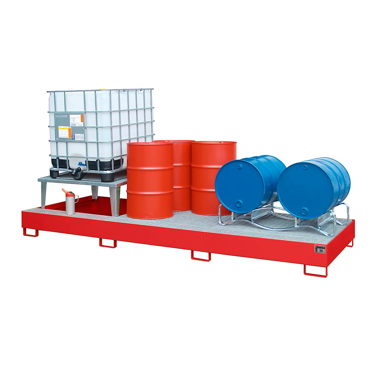 Auffangwanne Bauer AWA 31, Stahl, rot, L 3850 x B 1460 x H 780 mm, 1000 l, für 3 x 1000 l IBC, 1 Abfüllaufsatz, 2 Gitteroste