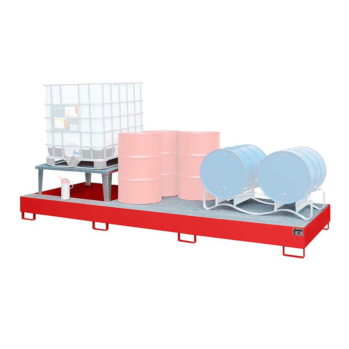 Auffangwanne Bauer AWA 31, Stahl, rot, L 3850 x B 1460 x H 780 mm, 1000 l, für 3 x 1000 l IBC, 1 Abfüllaufsatz, 2 Gitteroste