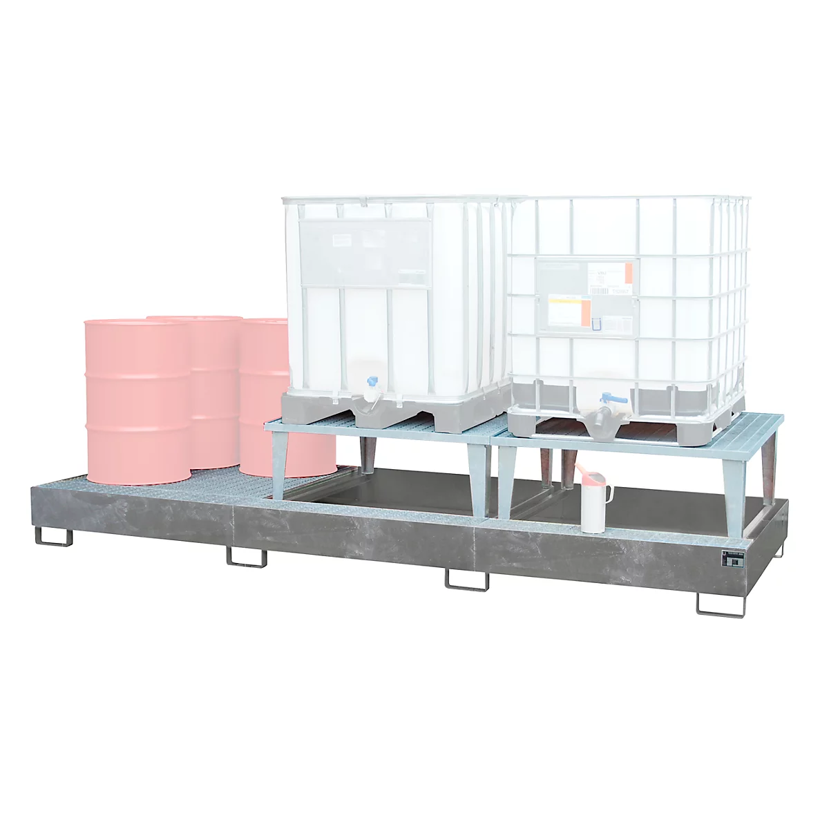 Auffangwanne Bauer AWA 32, Stahl, feuerverzinkt, L 3850 x B 1460 x H 780 mm, 1000 l, für 3 x 1000 l IBC, 2 Abfüllaufsätze, 1 Gitterost