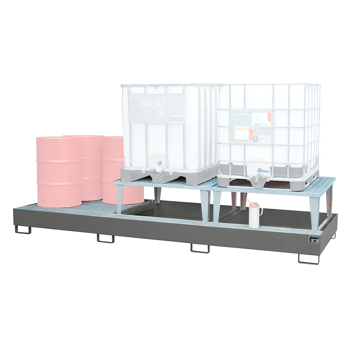 Auffangwanne Bauer AWA 32, Stahl, grau, L 3850 x B 1460 x H 780 mm, 1000 l, für 3 x 1000 l IBC, 2 Abfüllaufsätze, 1 Gitterost