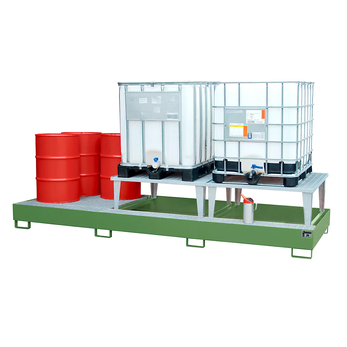 Auffangwanne Bauer AWA 32, Stahl, grün, L 3850 x B 1460 x H 780 mm, 1000 l, für 3 x 1000 l IBC, 2 Abfüllaufsätze, 1 Gitterost