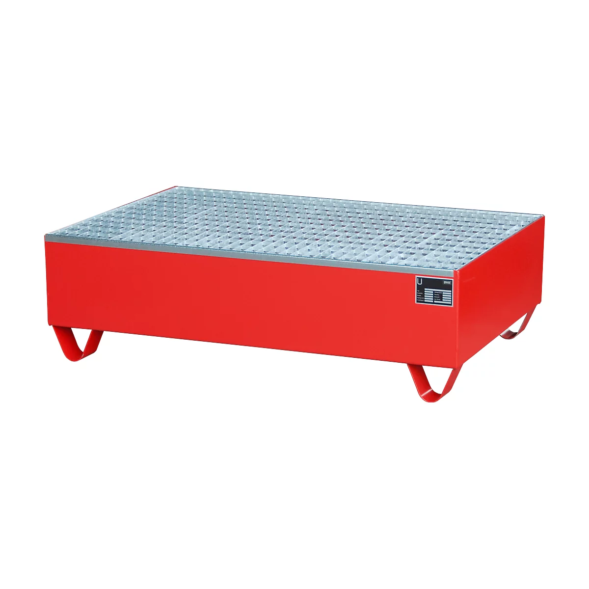 Auffangwanne, für 2 Fässer à 200 l, mit verzinktem Gitterrost, L 1200 x B 800 x H 360 mm, unterfahrbar, Stahl, feuerrot RAL 3000