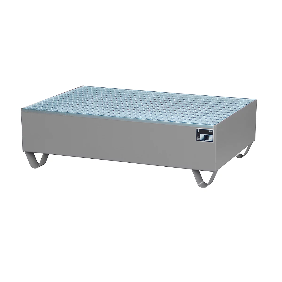 Auffangwanne, für 2 Fässer à 200 l, mit verzinktem Gitterrost, L 1200 x B 800 x H 360 mm, unterfahrbar, Stahl, mausgrau RAL 7005